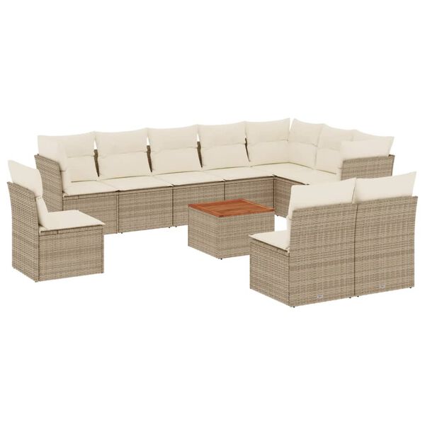 vidaXL 11-tlg. Garten-Sofagarnitur mit Kissen Beige Poly Rattan