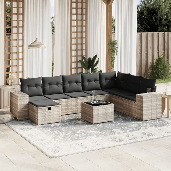 vidaXL 9-tlg. Garten-Sofagarnitur mit Kissen Hellgrau Poly Rattan