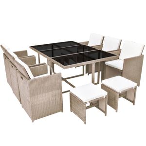 vidaXL 11-tlg. Garten-Essgruppe mit Auflagen Poly Rattan Beige