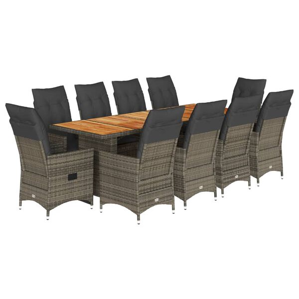 vidaXL 11-tlg. Garten-Bistro-Set mit Kissen Grau Poly Rattan