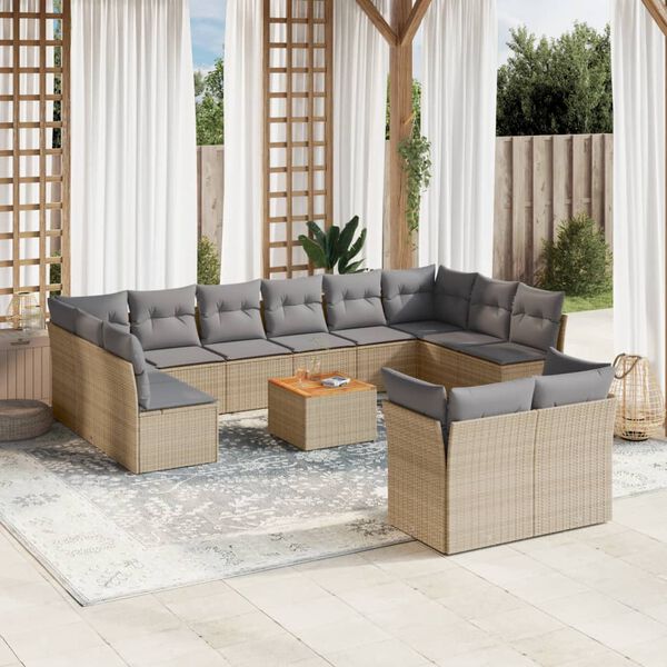 vidaXL 13-tlg. Garten-Sofagarnitur mit Kissen Beige Poly Rattan