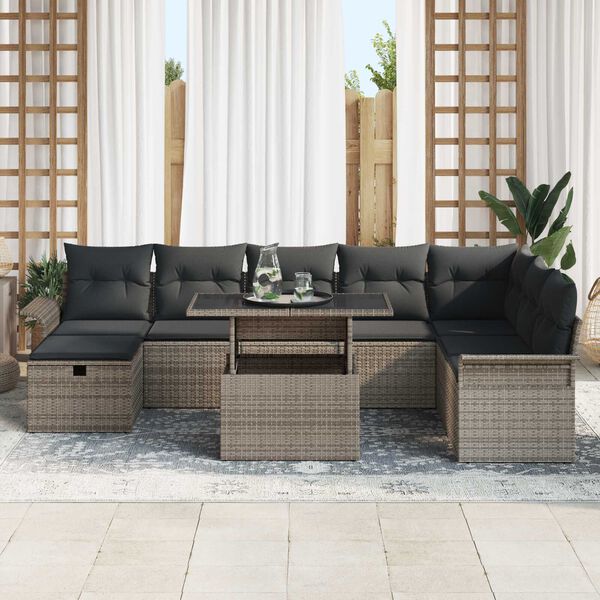 vidaXL Garten-Sofa-Set mit Kissen mit Speicher 9 pcs Grau Poly Rattan