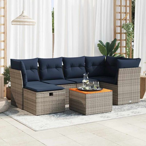 vidaXL 7-tlg. Garten-Sofagarnitur mit Kissen Grau Poly Rattan