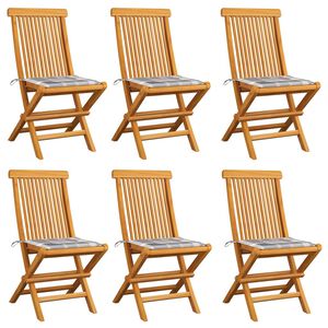 vidaXL Gartenst&uuml;hle mit Kissen 6 Stk. Grau Karomuster Massivholz Teak