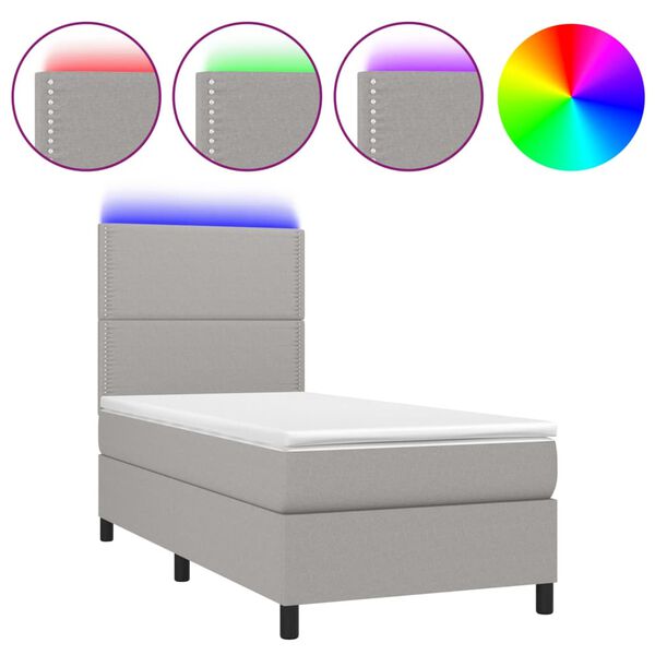 vidaXL Boxspringbett mit Matratze & LED Hellgrau 90x200 cm Stoff