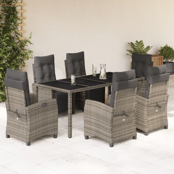 vidaXL 7-tlg. Garten-Essgruppe mit Kissen Grau Poly Rattan