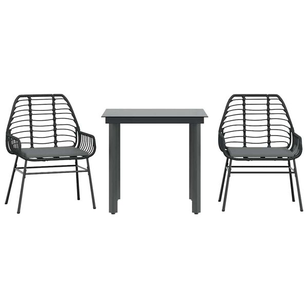 vidaXL 3-tlg. Garten-Essgruppe mit Kissen Schwarz Poly Rattan Glas