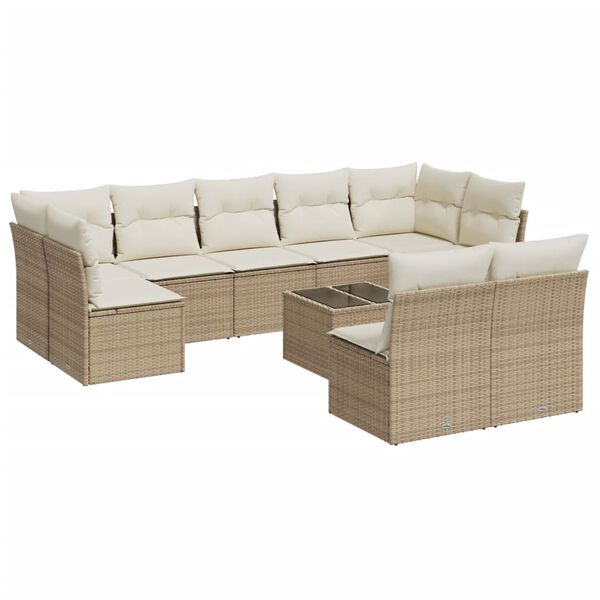vidaXL 10-tlg. Garten-Sofagarnitur mit Kissen Beige Poly Rattan