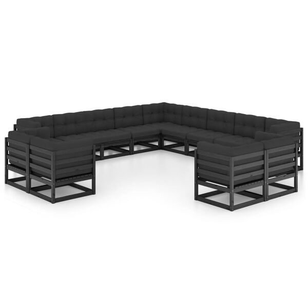 vidaXL 13-tlg. Garten-Lounge-Set mit Kissen Schwarz Massivholz Kiefer