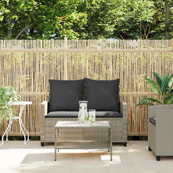 vidaXL Gartensofa 2-Sitzer mit Kissen & Tisch Hellgrau Poly Rattan