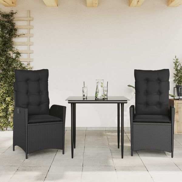 vidaXL 3-tlg. Garten-Essgruppe mit Kissen Schwarz Poly Rattan