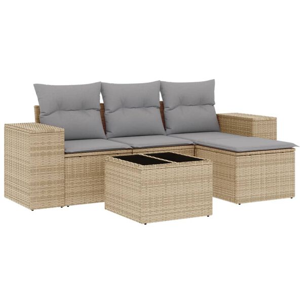 vidaXL 5-tlg. Garten-Sofagarnitur mit Kissen Beige Poly Rattan