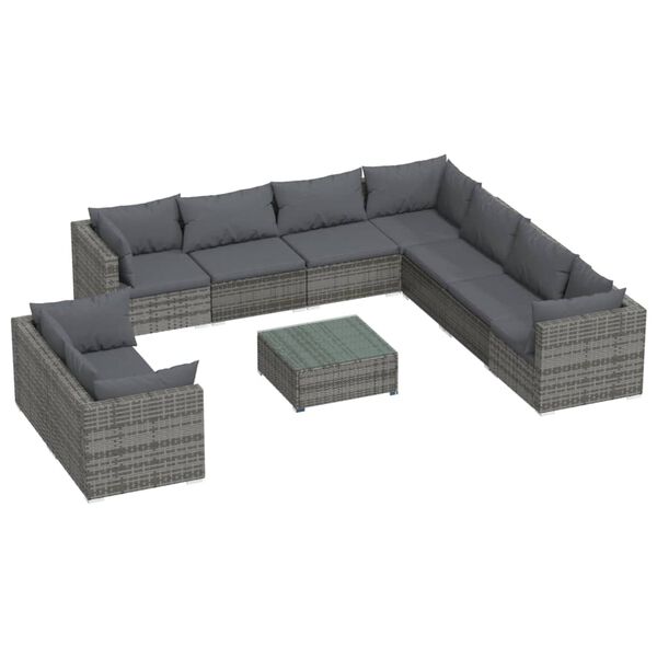 vidaXL 10-tlg. Garten-Lounge-Set mit Kissen Grau Poly Rattan
