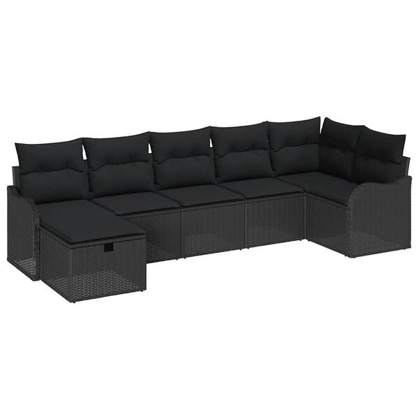vidaXL Garten-Sofa-Set mit Kissen 7 pcs Schwarz Poly Rattan