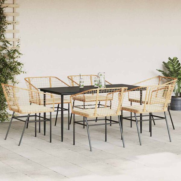 vidaXL 7-tlg. Garten-Essgruppe mit Kissen Braun Poly Rattan Glas