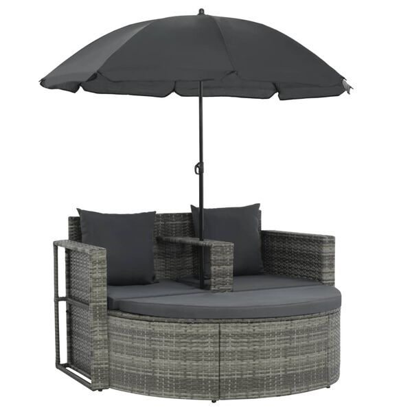 vidaXL Gartenbett mit Sonnenschirm Grau Poly Rattan