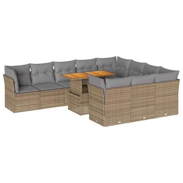 vidaXL 11-tlg. Garten-Sofagarnitur mit Kissen Beige Poly Rattan