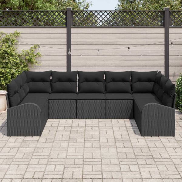 vidaXL Garten-Sofa-Set mit Kissen 9 pcs Schwarz Poly Rattan
