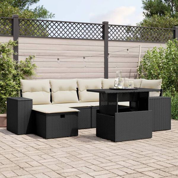 vidaXL 7-tlg. Garten-Sofagarnitur mit Kissen Schwarz Poly Rattan