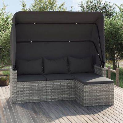 vidaXL 3-Sitzer-Gartensofa mit Dach und Fußhocker Grau Poly Rattan