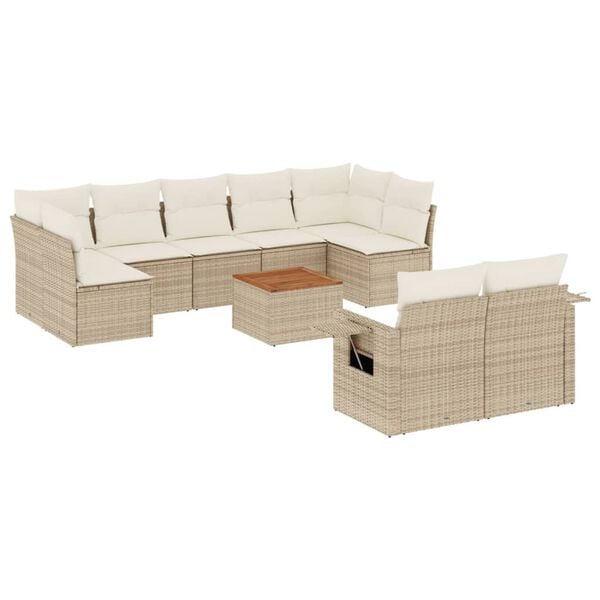 vidaXL 10-tlg. Garten-Sofagarnitur mit Kissen Beige Poly Rattan