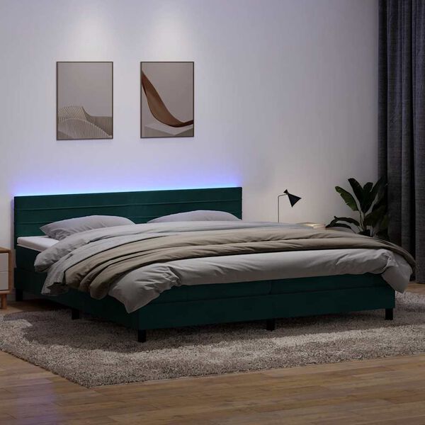 vidaXL Boxspringbett mit Matratze & LED Dunkelgr&uuml;n 180x210 cm Samt