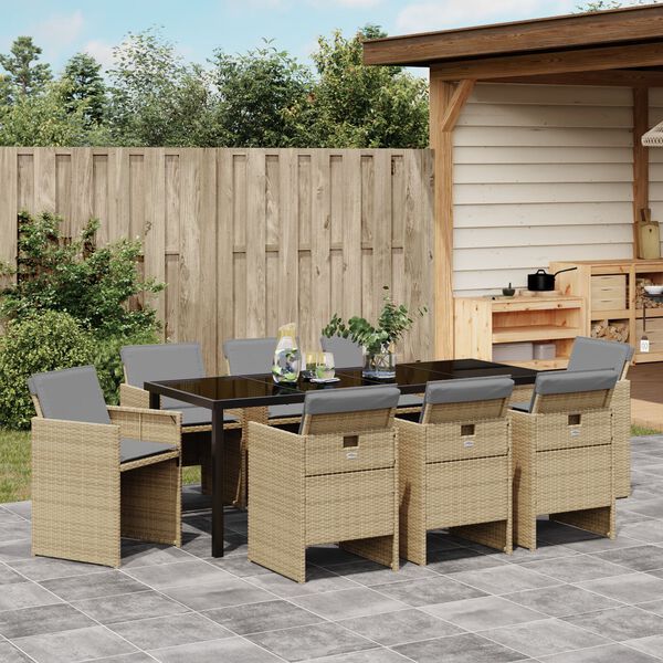 vidaXL Garten Essgruppe mit Kissen 9 pcs Beige Poly-Rattan