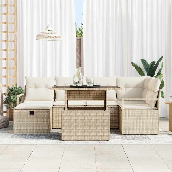 vidaXL Garten-Sofa-Set mit Kissen mit Speicher 7 pcs Beige Poly Rattan
