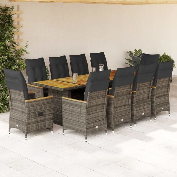 vidaXL 11-tlg. Garten-Bistro-Set mit Kissen Grau Poly Rattan