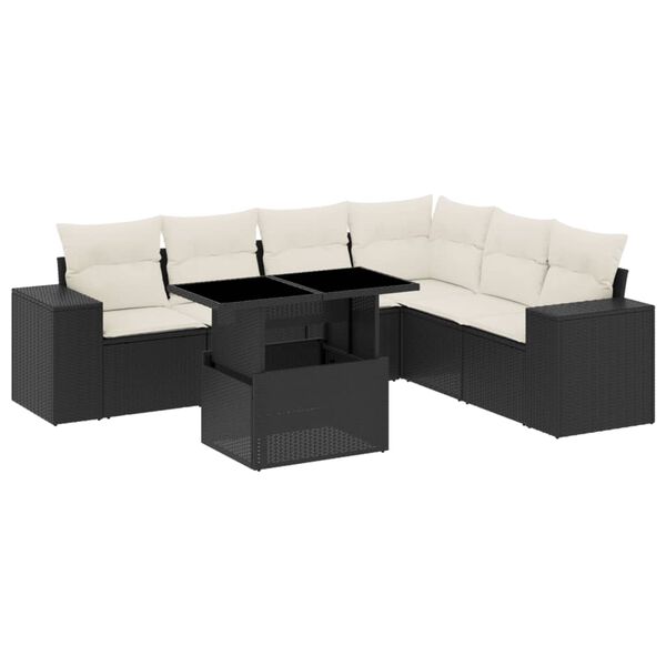 vidaXL 7-tlg. Garten-Sofagarnitur mit Kissen Schwarz Poly Rattan