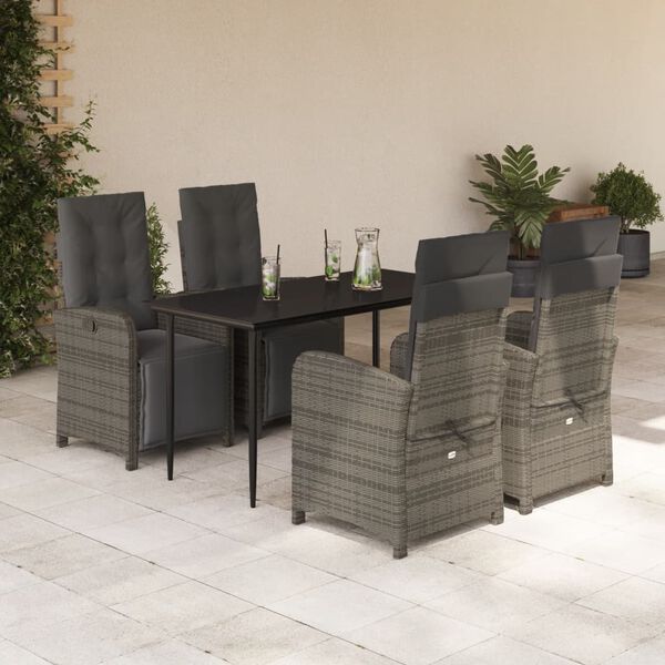vidaXL 5-tlg. Garten-Essgruppe mit Kissen Grau Poly Rattan