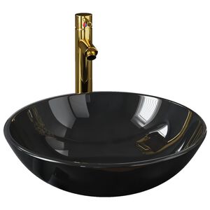 vidaXL Badezimmer Waschbecken mit Wasserhahn Ablaufgarnitur Schwarz