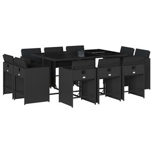 vidaXL 11-tlg. Garten-Essgruppe mit Kissen Schwarz Poly Rattan