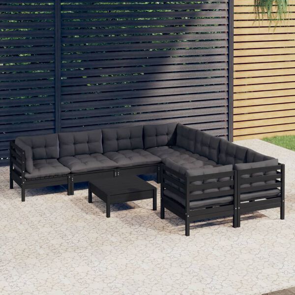 vidaXL 9-tlg. Garten-Lounge-Set mit Kissen Schwarz Kiefernholz