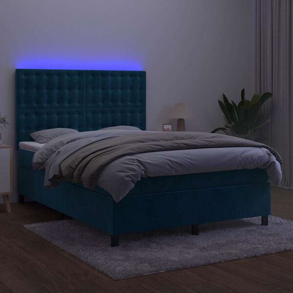 vidaXL Boxspringbett mit Matratze & LED Dunkelblau 140x200 cm Samt