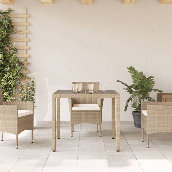 vidaXL Gartentisch mit Glasplatte Beige 90x90x75 cm Poly Rattan
