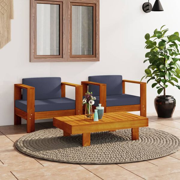 vidaXL 3-tlg. Garten-Lounge-Set mit Dunkelgrauen Kissen Massivholz