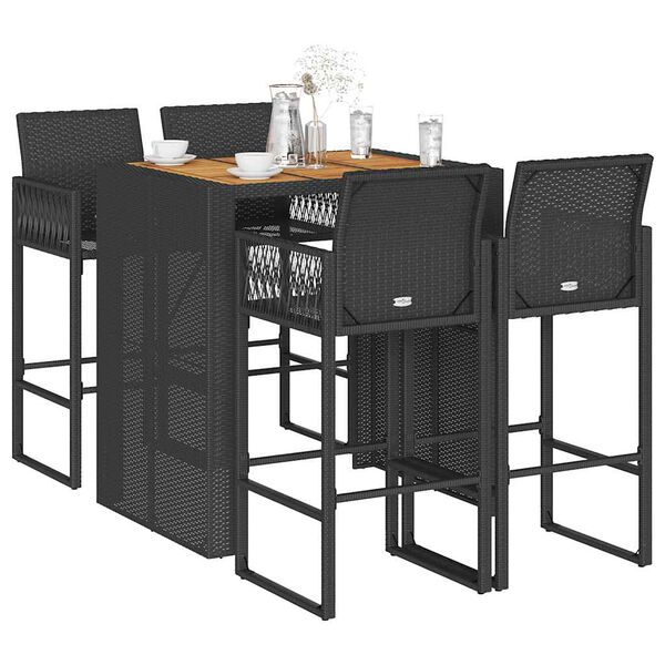 vidaXL 5-tlg. Gartenbar-Set ohne Kissen Schwarz Poly Rattan Akazie