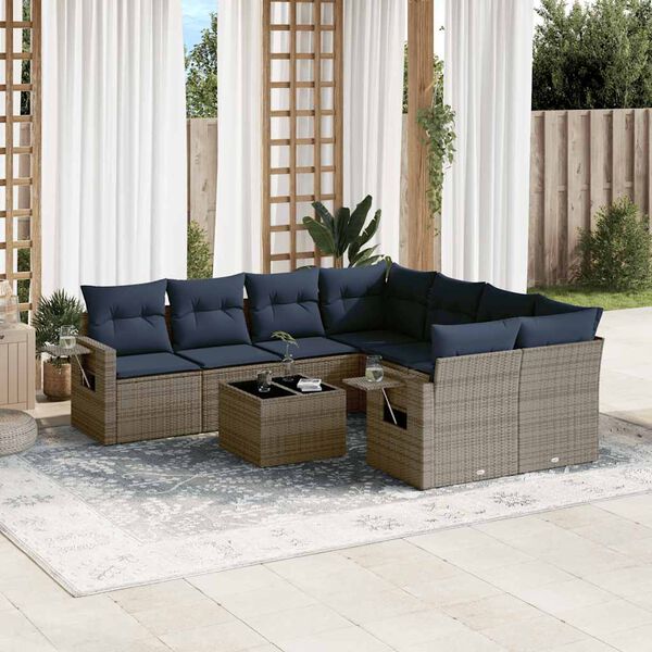 vidaXL 9-teiliges Gartensofa-Set mit Kissen, grau, Polyrattan