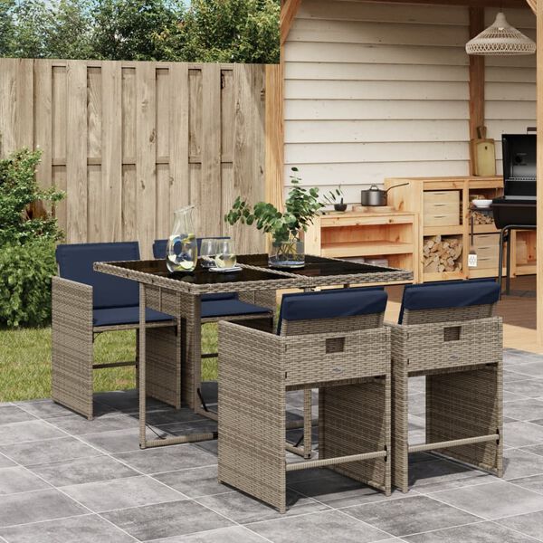 vidaXL 5-teiliges Garten-Ess-Set mit Kissen, grau, Polyrattan