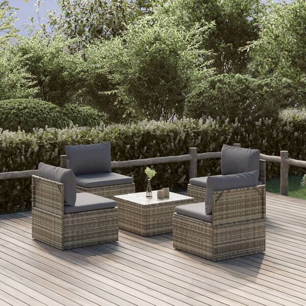 vidaXL 5-tlg. Garten-Lounge-Set mit Kissen Grau Poly Rattan