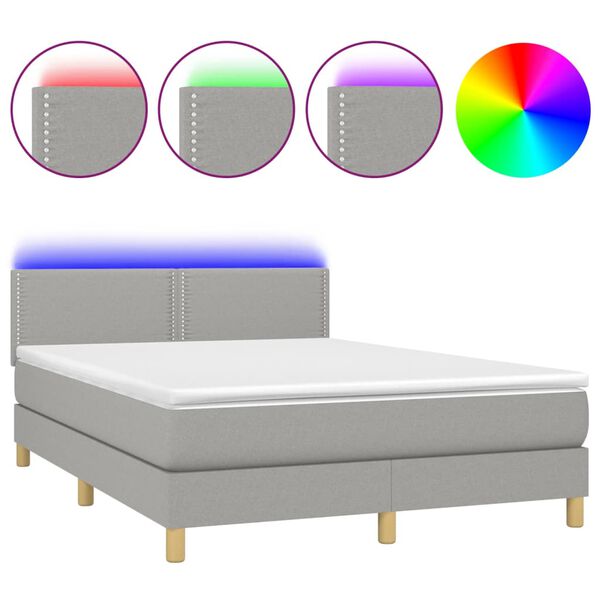 vidaXL Boxspringbett mit Matratze & LED Hellgrau 140x190 cm Stoff