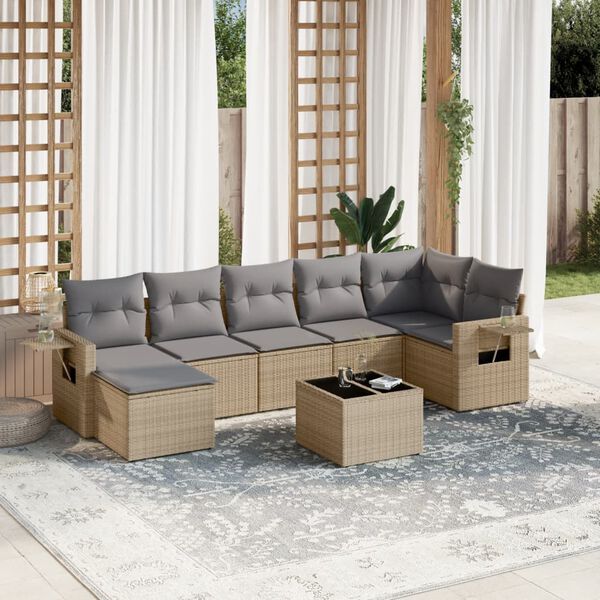 vidaXL 8-tlg. Garten-Sofagarnitur mit Kissen Beige Poly Rattan