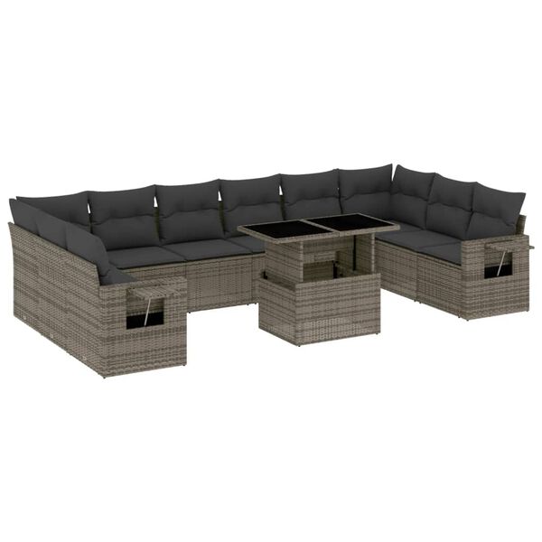 vidaXL 11-tlg. Garten-Sofagarnitur mit Kissen Grau Poly Rattan