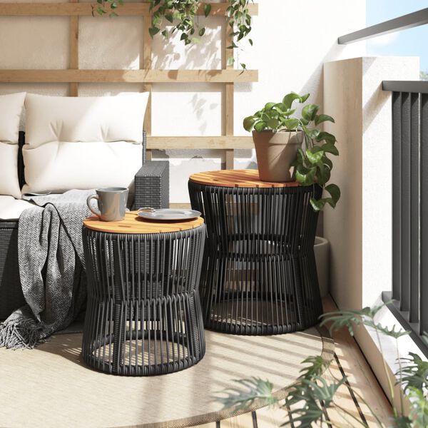 vidaXL Garten-Beistelltische 2 Stk. mit Holzplatte Schwarz Poly Rattan
