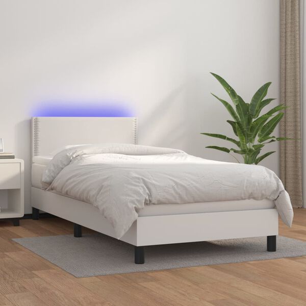 vidaXL Boxspringbett mit Matratze & LED Wei&szlig; 90x190 cm Kunstleder