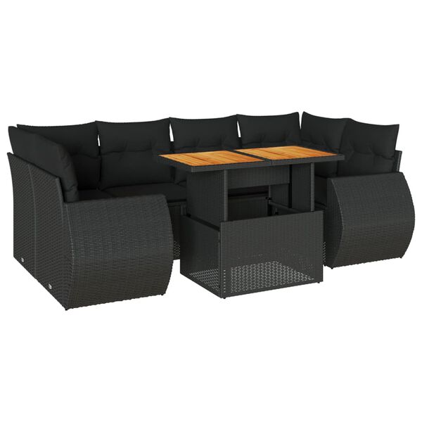 vidaXL 7-tlg. Garten-Sofagarnitur mit Kissen Schwarz Poly Rattan