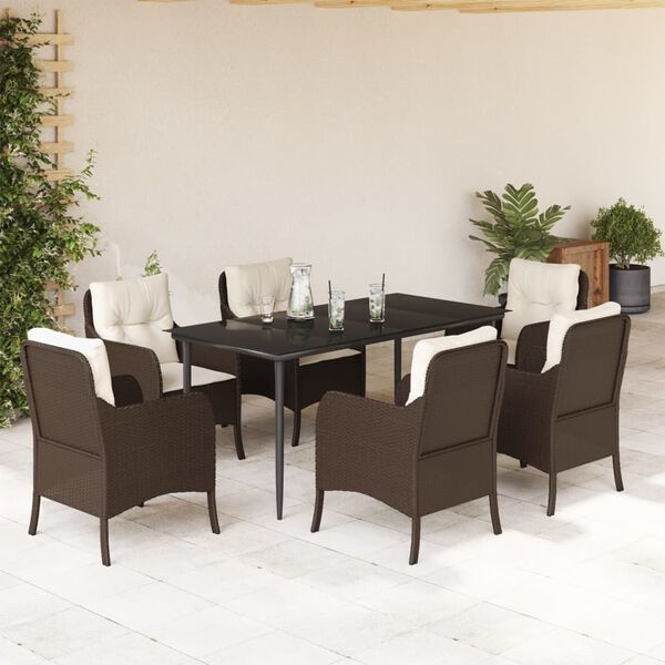 vidaXL 7-tlg. Garten-Essgruppe mit Kissen Braun Poly Rattan