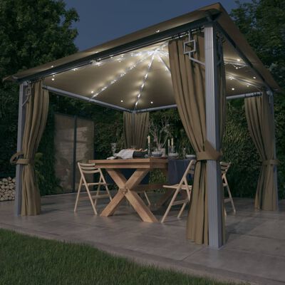 vidaXL Pavillon mit Vorhängen & LED-Lichterkette 300x300 cm Taupe Alu