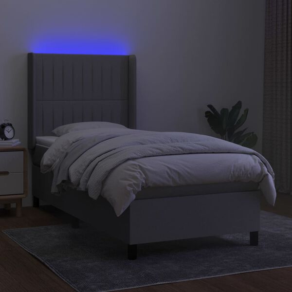 vidaXL Boxspringbett mit Matratze & LED Hellgrau 100x200 cm Stoff